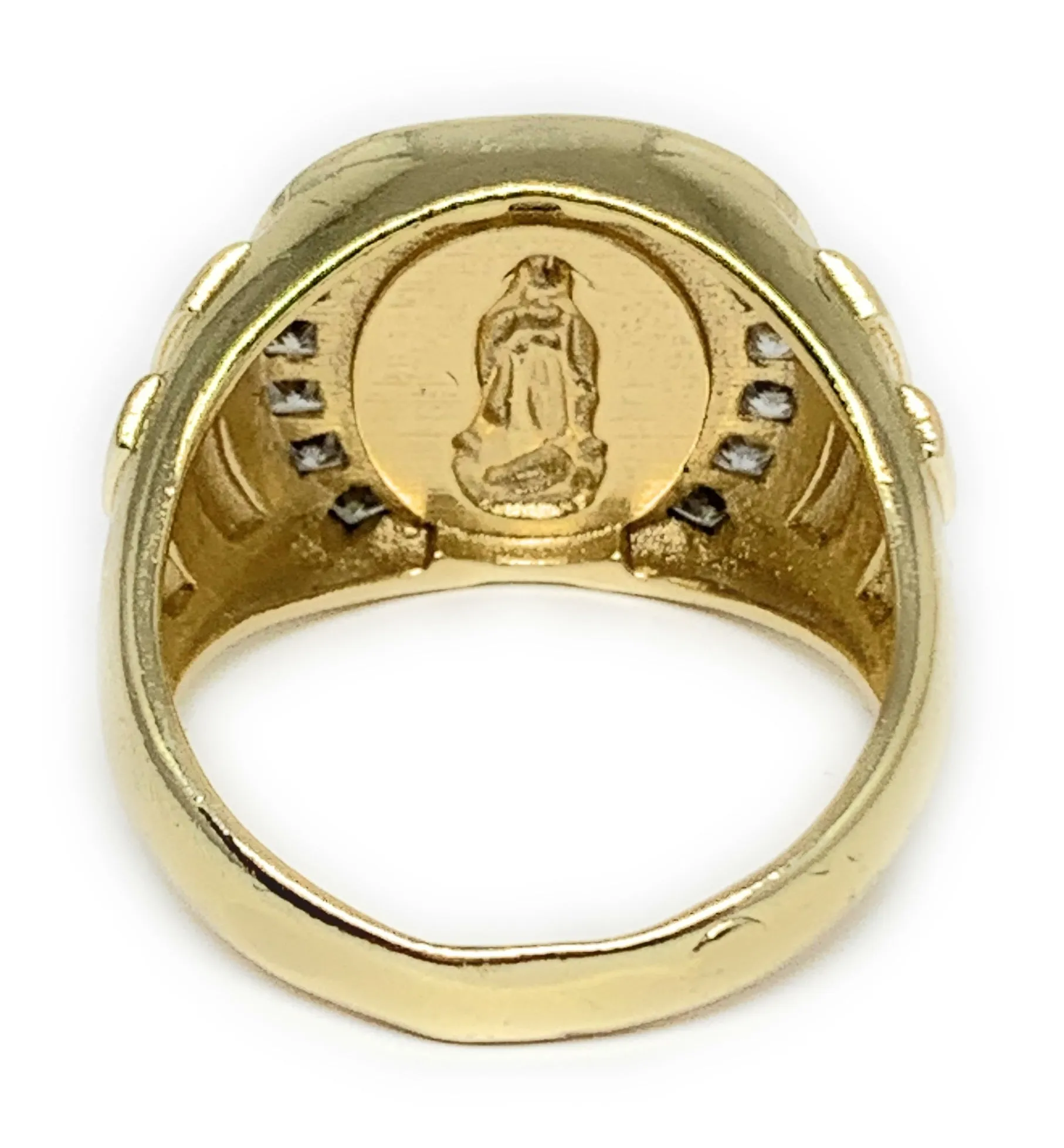 Gold Plated Men's Tri-Color Virgin Mary Horseshoe CZ Ring Virgen De Guadalupe Anillo