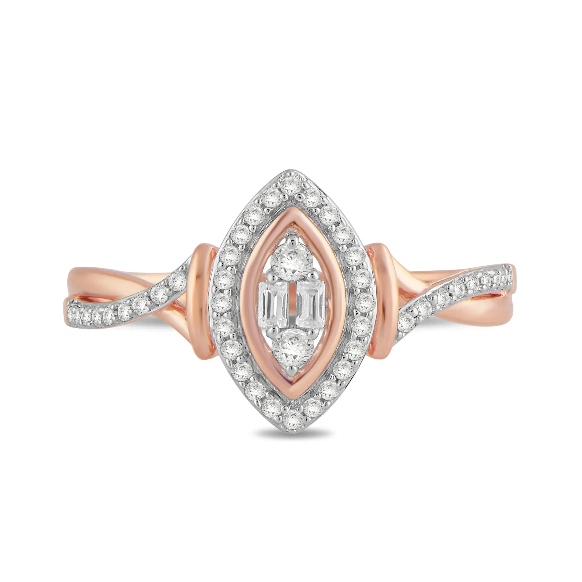 Jewelili 10K Rose Gold with 1/4 CTTW Baguette and Round Natural White Diamonds Ring