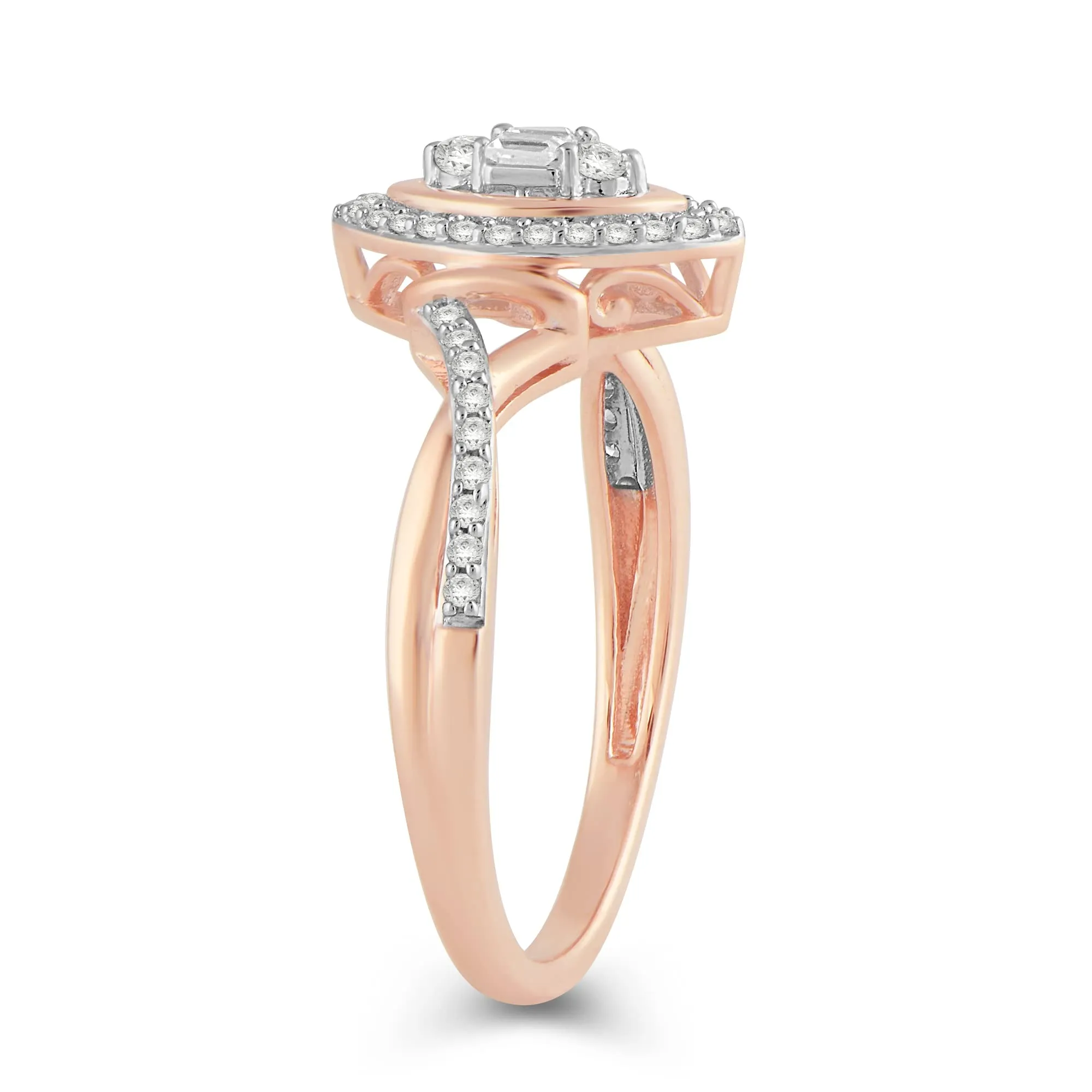 Jewelili 10K Rose Gold with 1/4 CTTW Baguette and Round Natural White Diamonds Ring