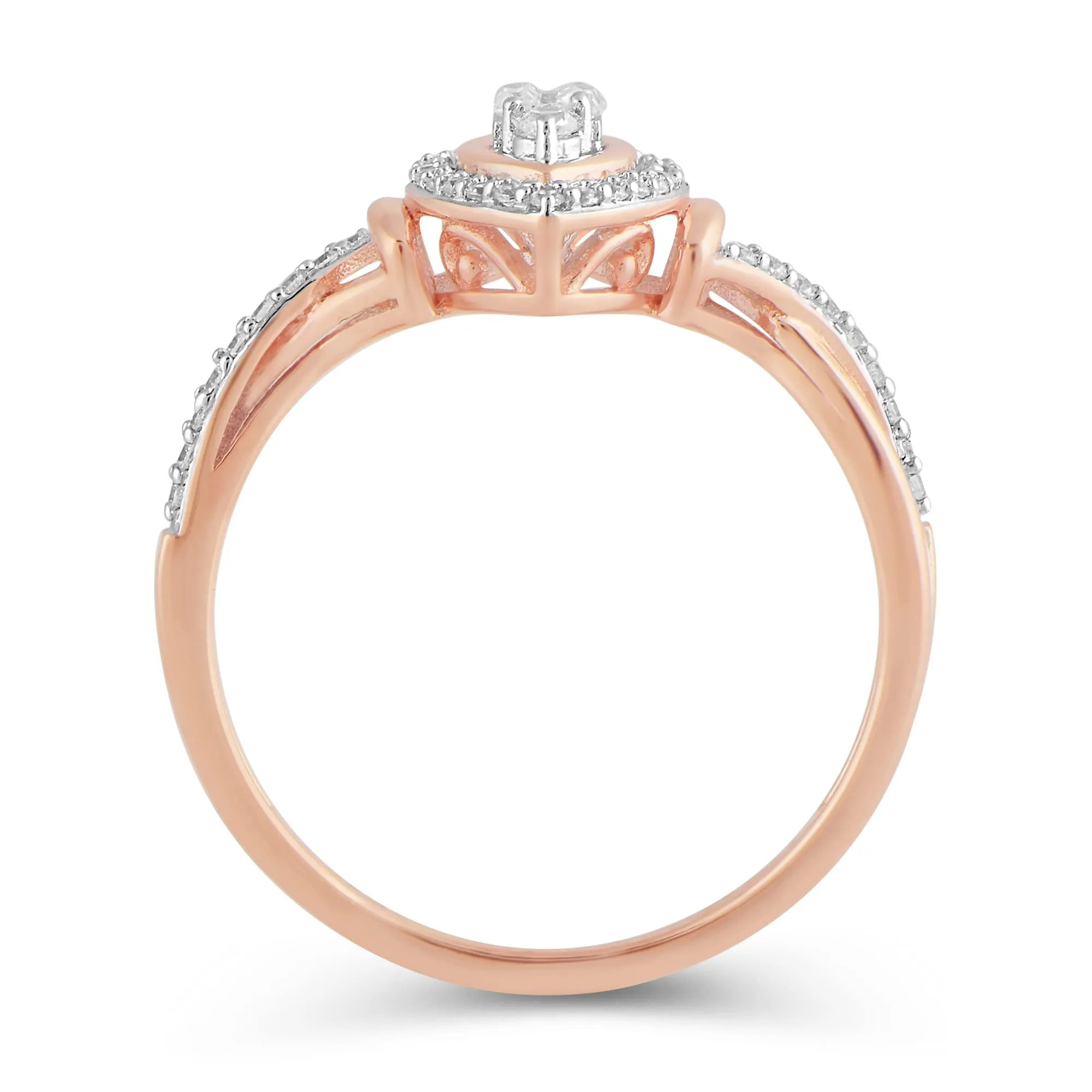 Jewelili 10K Rose Gold with 1/4 CTTW Baguette and Round Natural White Diamonds Ring