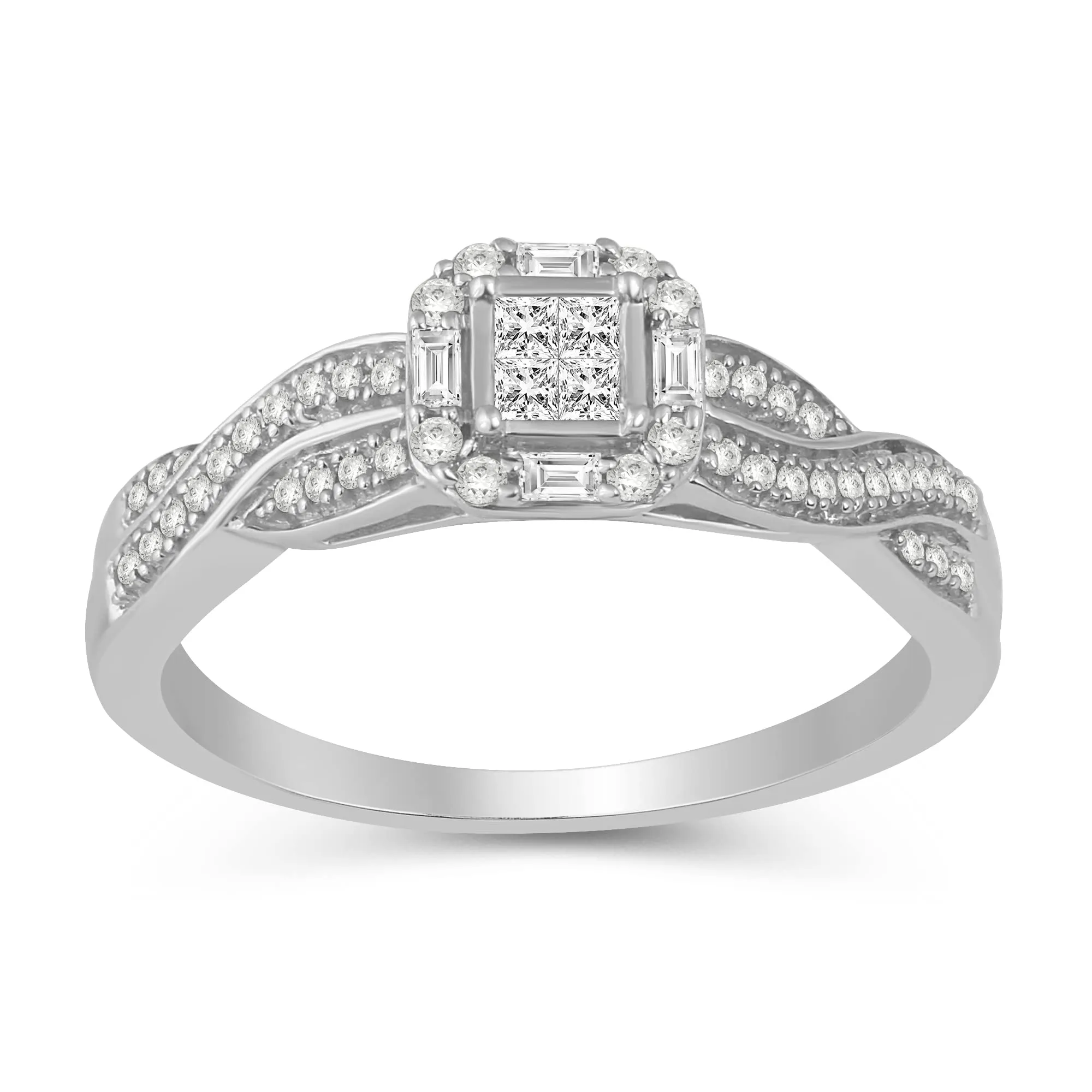 Jewelili 10K White Gold 1/4 CTTW Princess, Baguette and Round Diamonds Crossover Bridal Ring