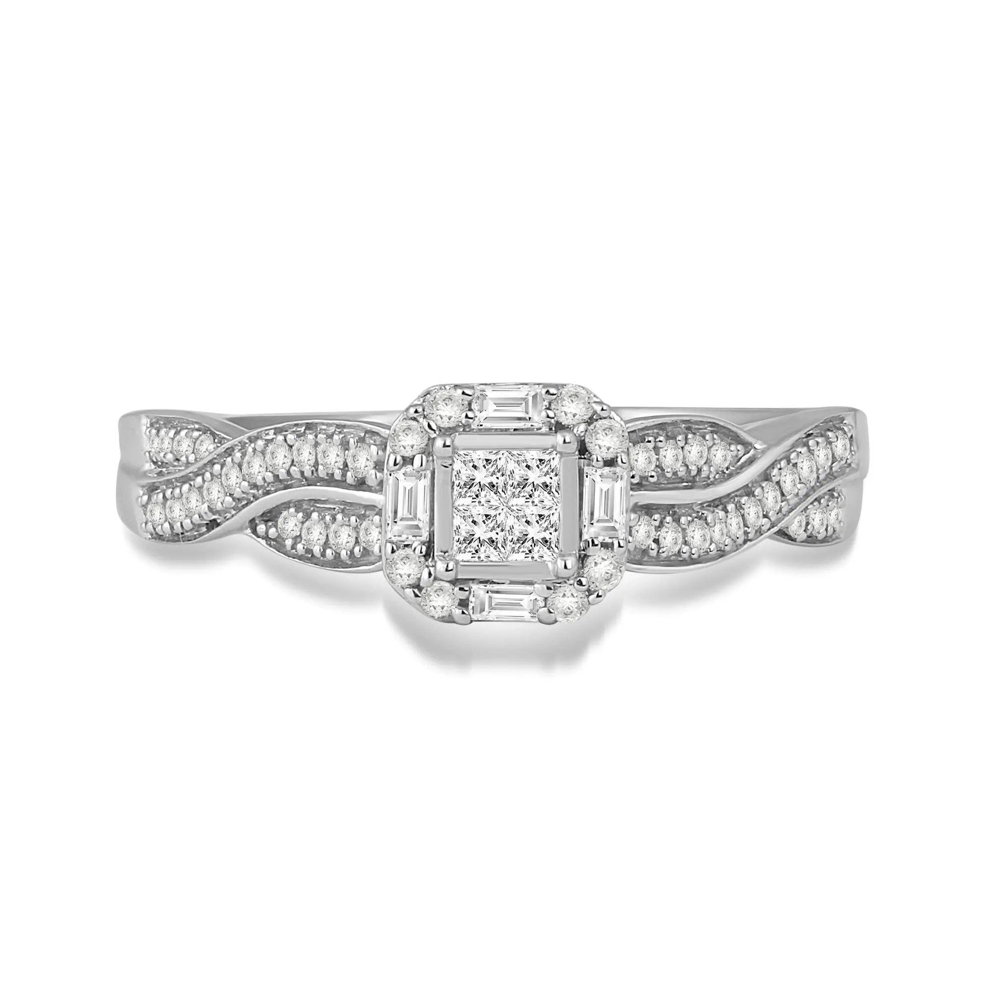 Jewelili 10K White Gold 1/4 CTTW Princess, Baguette and Round Diamonds Crossover Bridal Ring