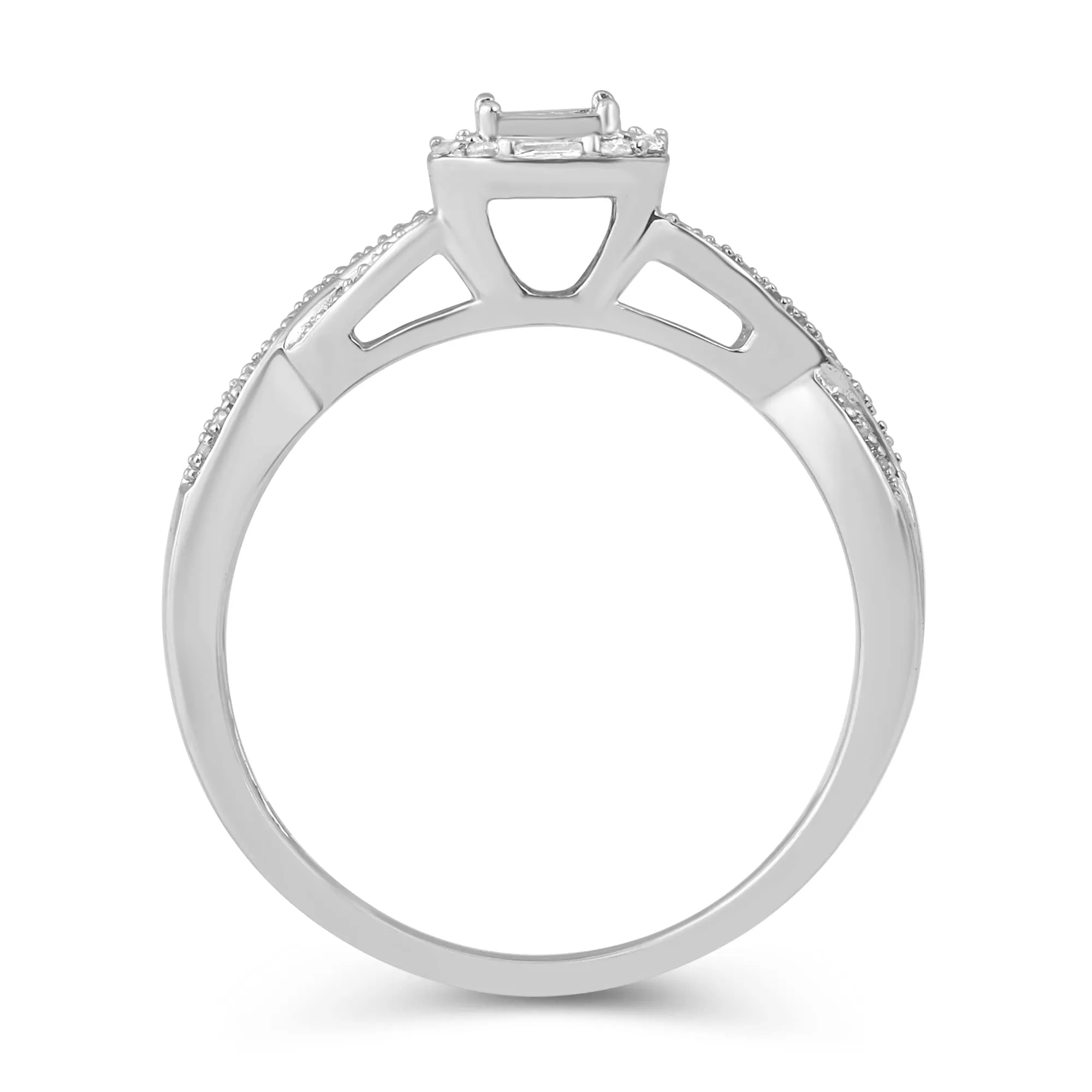 Jewelili 10K White Gold 1/4 CTTW Princess, Baguette and Round Diamonds Crossover Bridal Ring