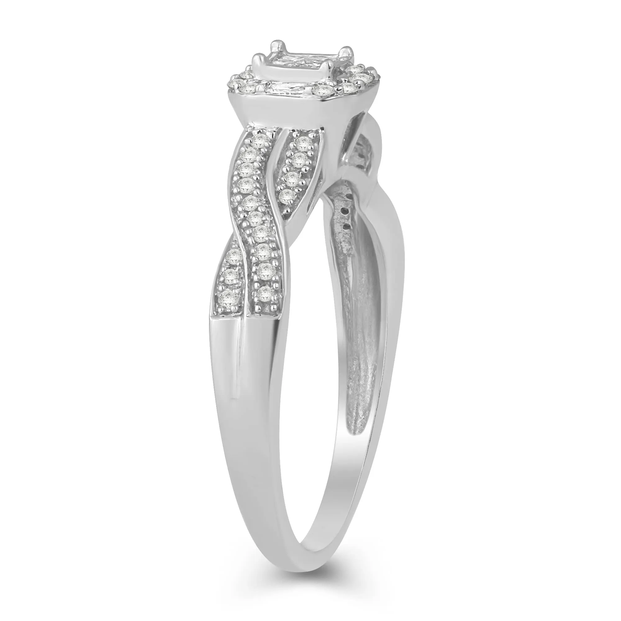 Jewelili 10K White Gold 1/4 CTTW Princess, Baguette and Round Diamonds Crossover Bridal Ring