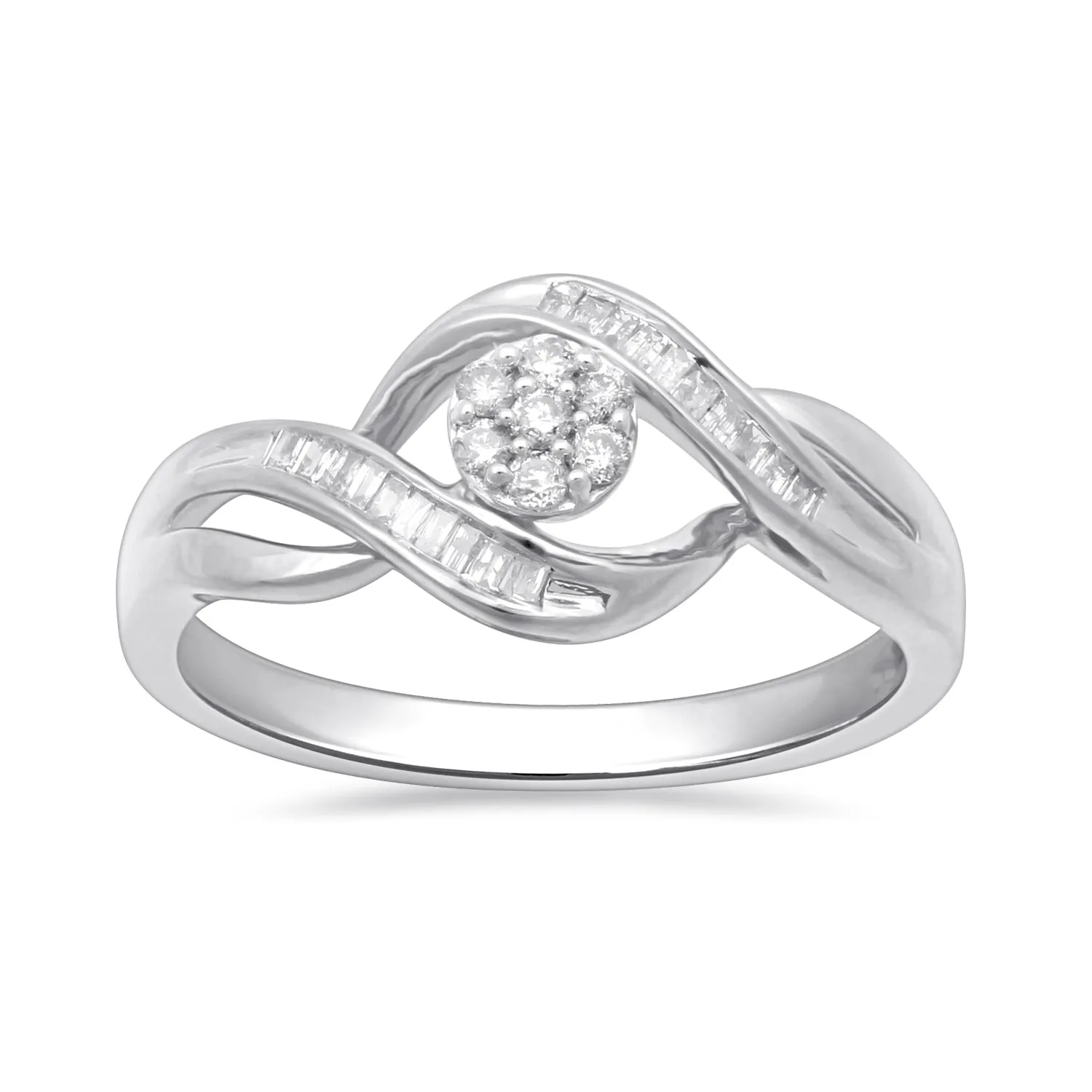 Jewelili 10K White Gold 1/6 CTTW Natural White Baguette and Round Shape Diamonds Ring