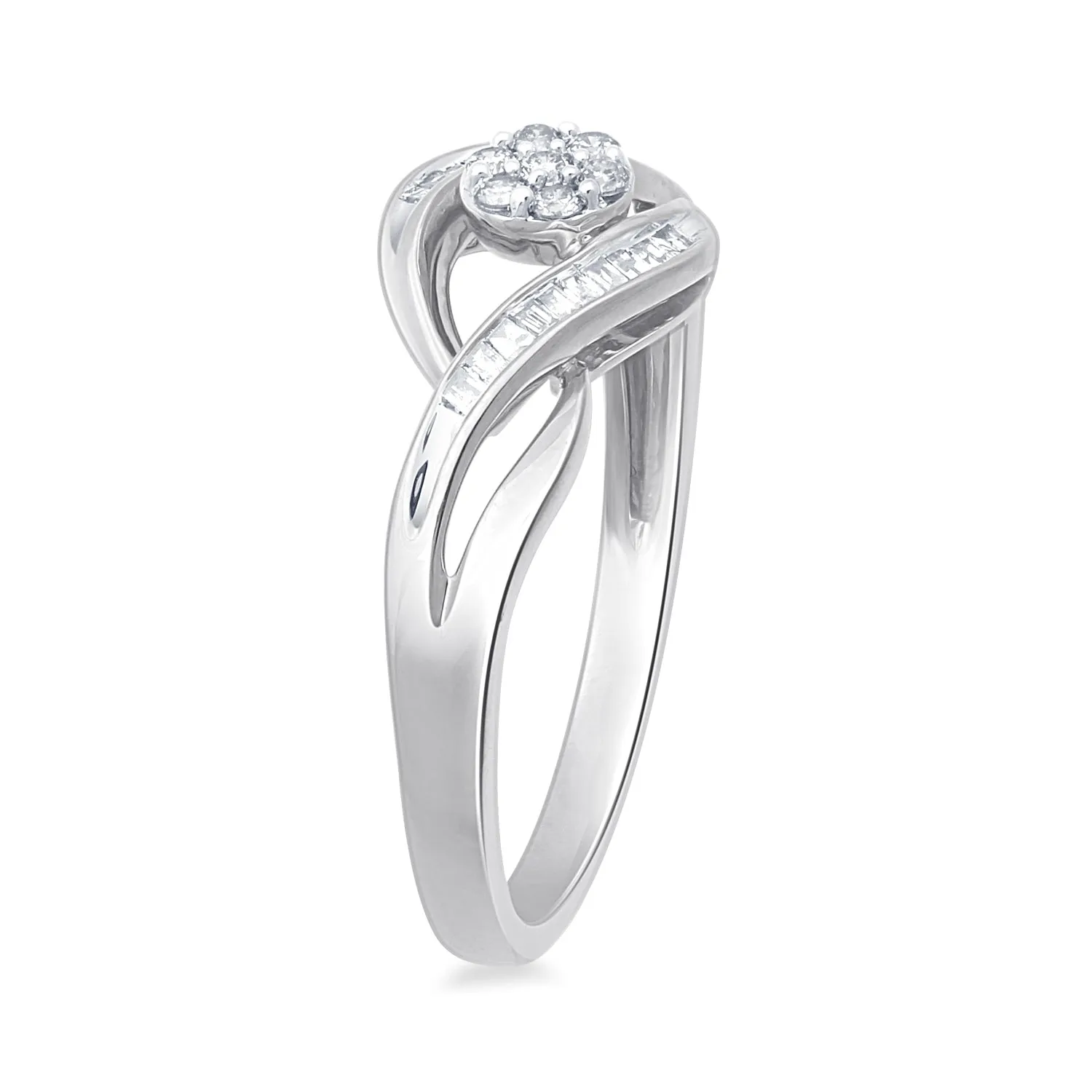 Jewelili 10K White Gold 1/6 CTTW Natural White Baguette and Round Shape Diamonds Ring