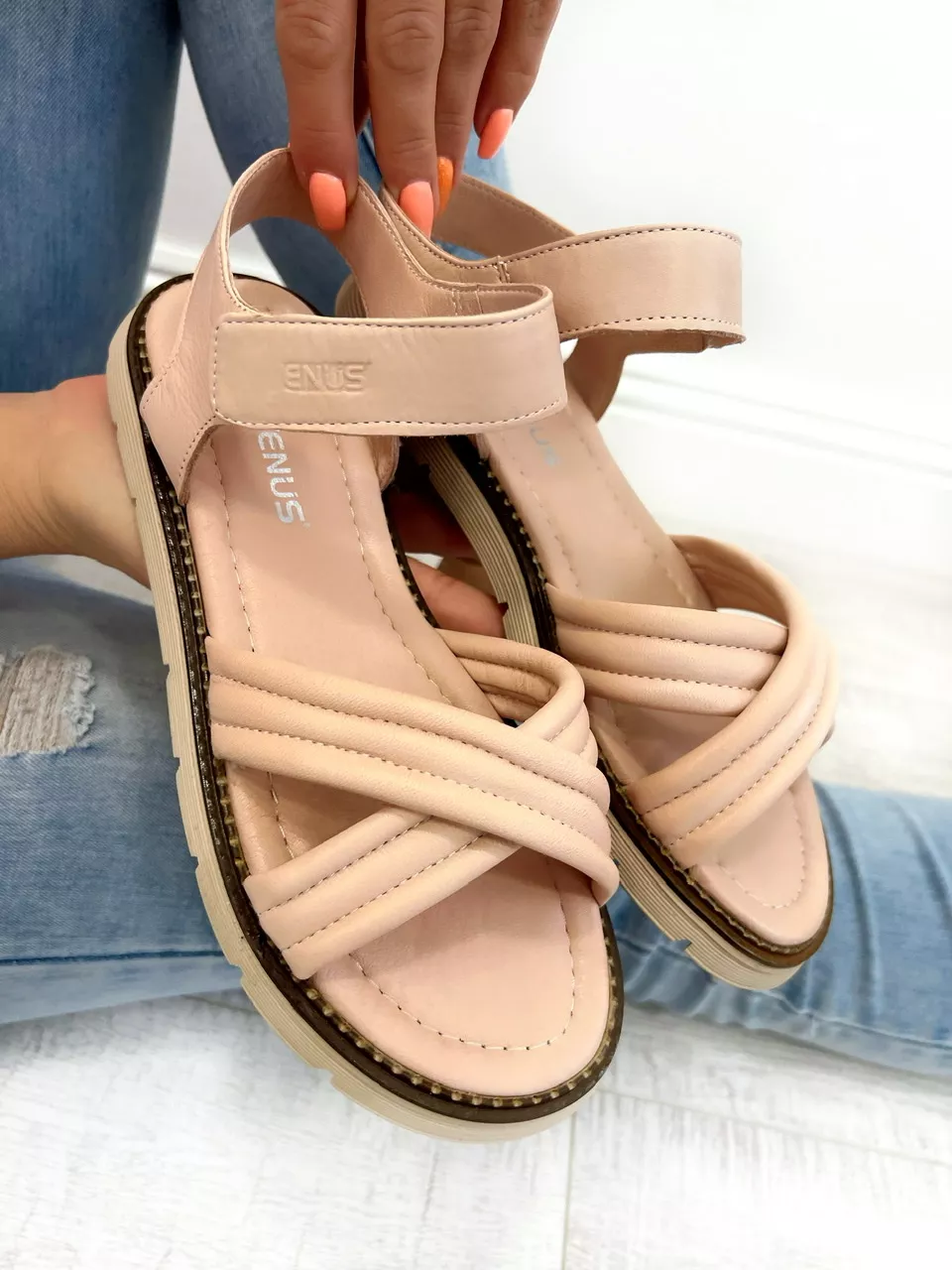 Leather sandals D674 - VNS - VELCRO - ROSE