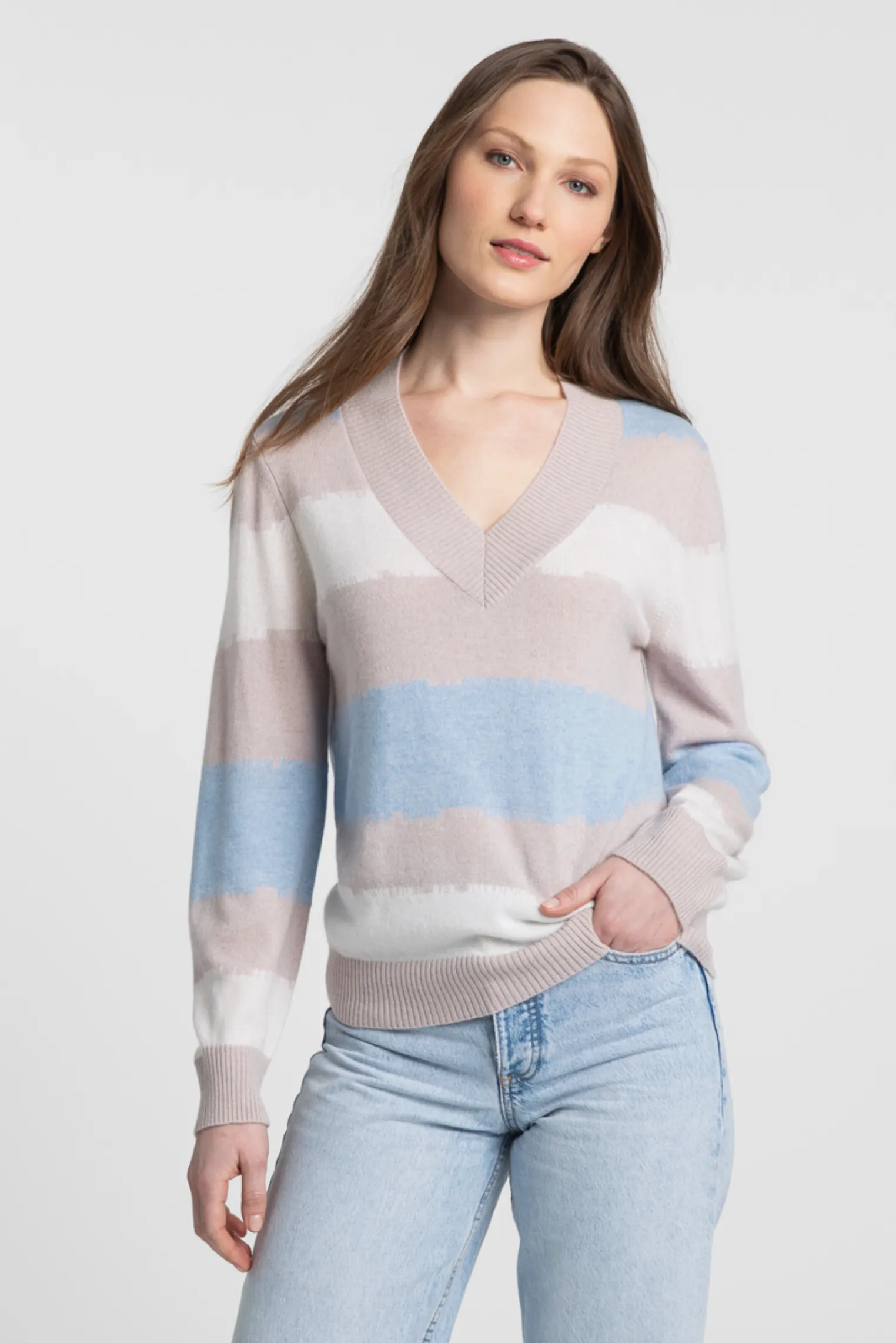 LFSC3-162dm Kinross Intarsia Stripe Vee Pullover