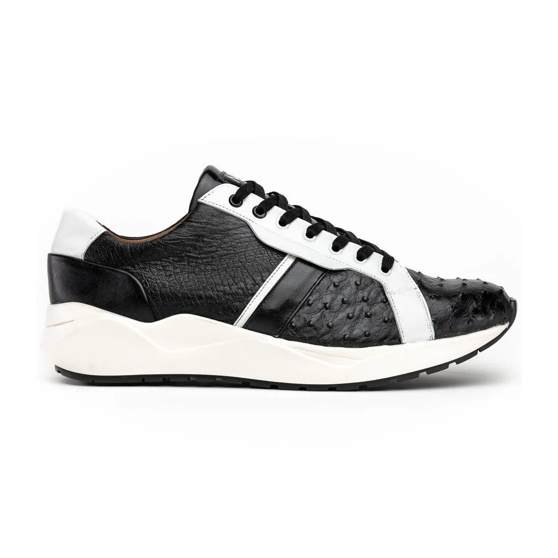 Marco Di Milano Lyon II Men's Shoes Black & White Calf-Skin / Ostrich Leg Casual Sneakers (MDM1070)