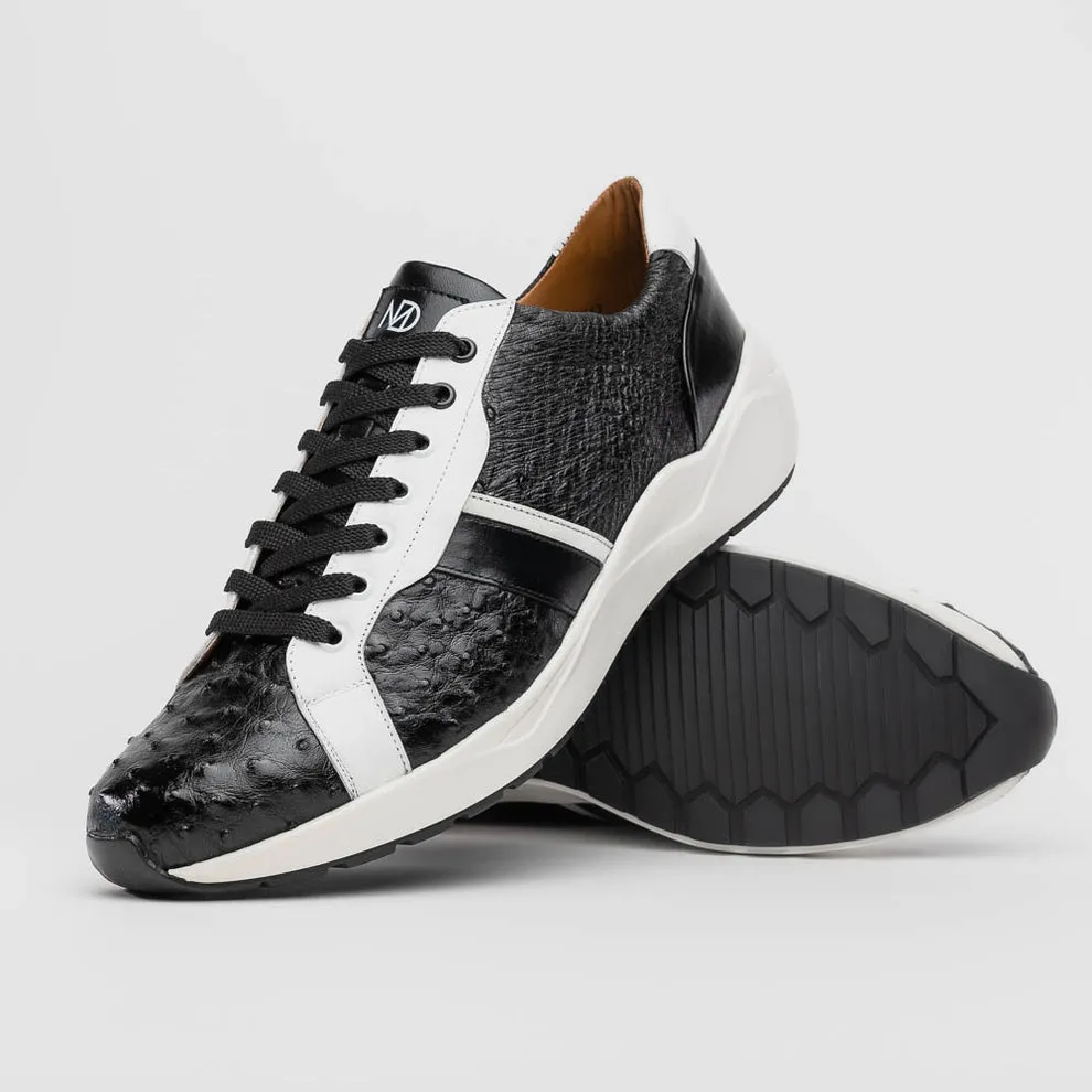 Marco Di Milano Lyon II Men's Shoes Black & White Calf-Skin / Ostrich Leg Casual Sneakers (MDM1070)