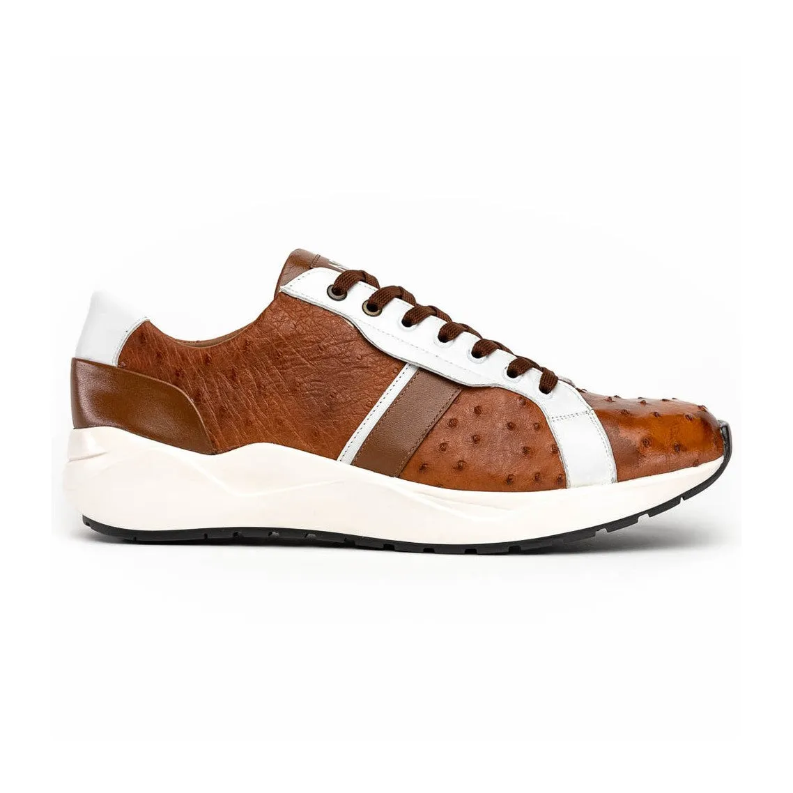 Marco Di Milano Lyon II Men's Shoes Brandy & White Calf-Skin / Ostrich Leg Casual Sneakers (MDM1068)