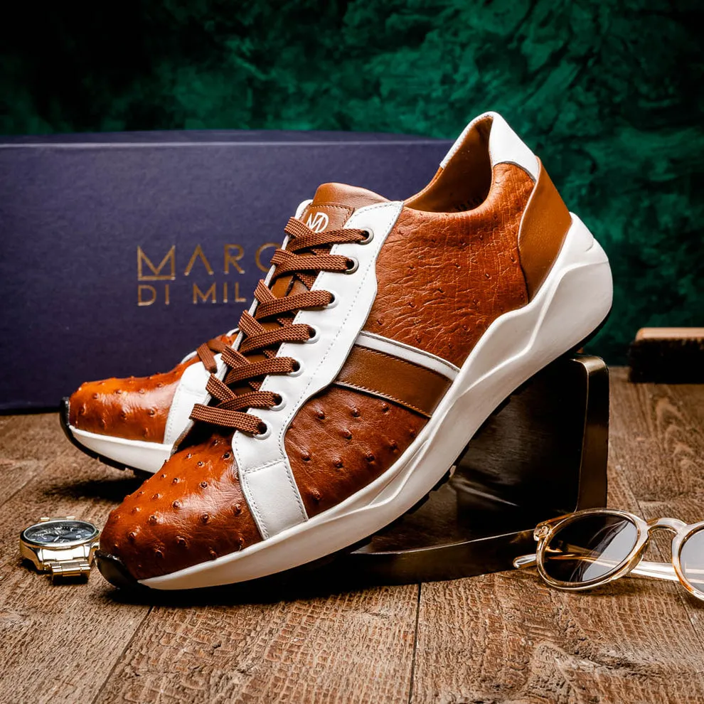 Marco Di Milano Lyon II Men's Shoes Brandy & White Calf-Skin / Ostrich Leg Casual Sneakers (MDM1068)