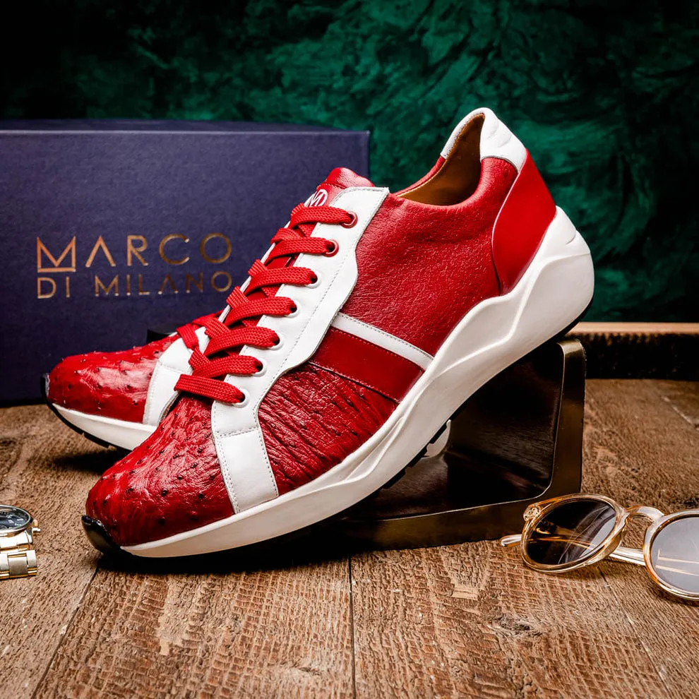 Marco Di Milano Lyon II Men's Shoes Red & White Calf-Skin / Ostrich Leg Casual Sneakers (MDM1069)