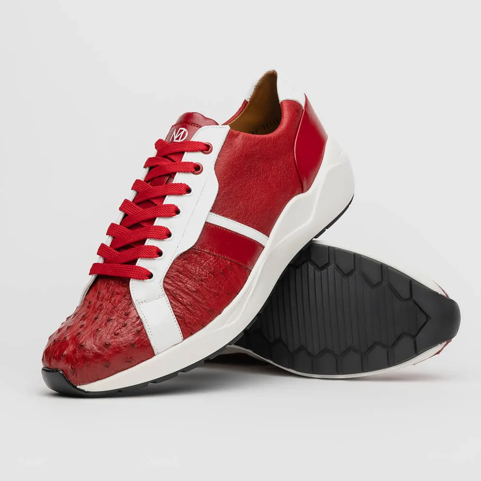 Marco Di Milano Lyon II Men's Shoes Red & White Calf-Skin / Ostrich Leg Casual Sneakers (MDM1069)