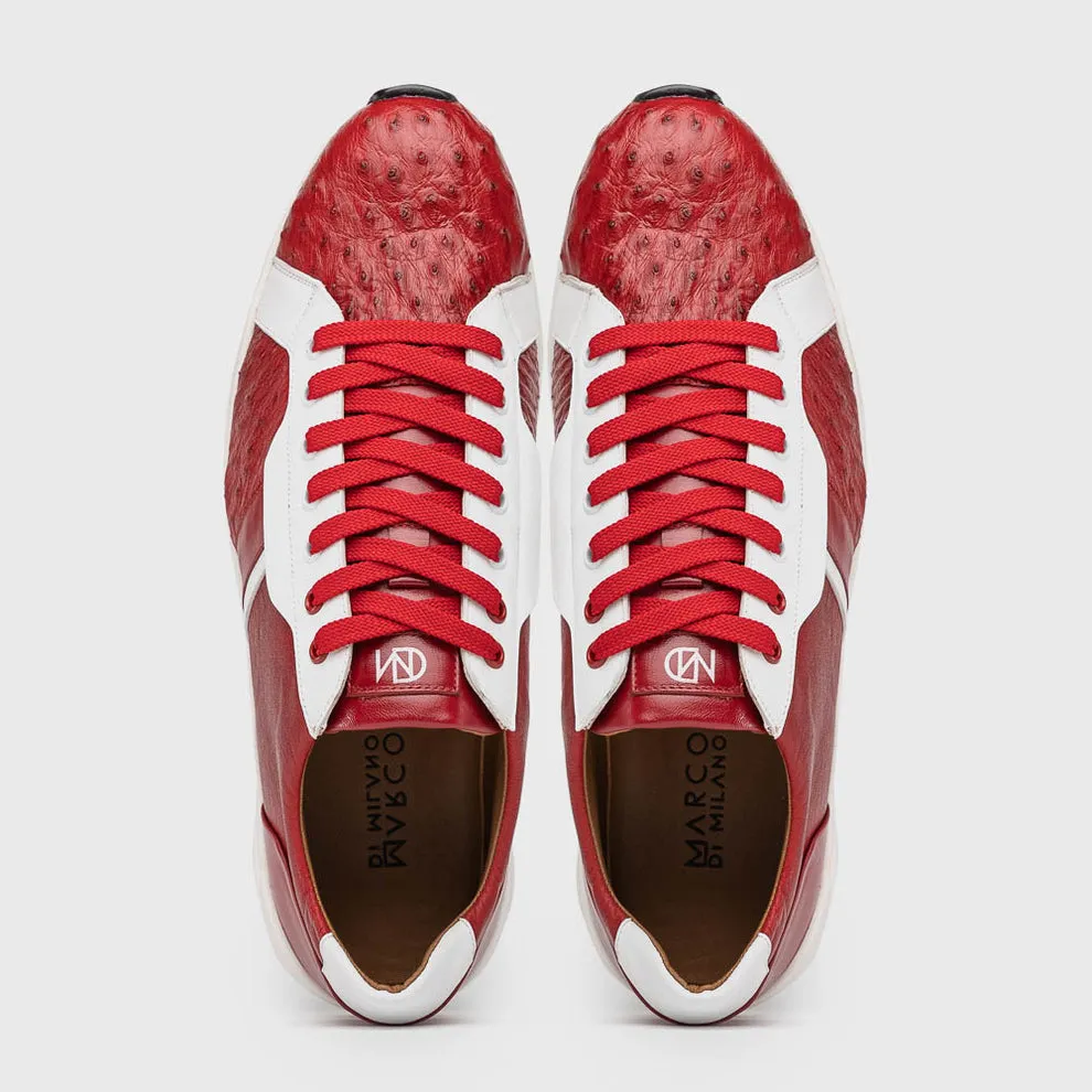 Marco Di Milano Lyon II Men's Shoes Red & White Calf-Skin / Ostrich Leg Casual Sneakers (MDM1069)