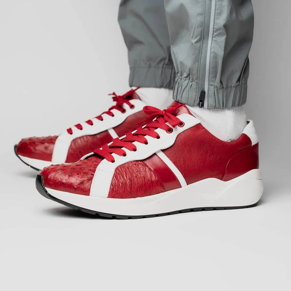 Marco Di Milano Lyon II Men's Shoes Red & White Calf-Skin / Ostrich Leg Casual Sneakers (MDM1069)