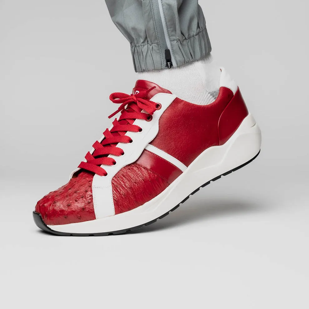 Marco Di Milano Lyon II Men's Shoes Red & White Calf-Skin / Ostrich Leg Casual Sneakers (MDM1069)