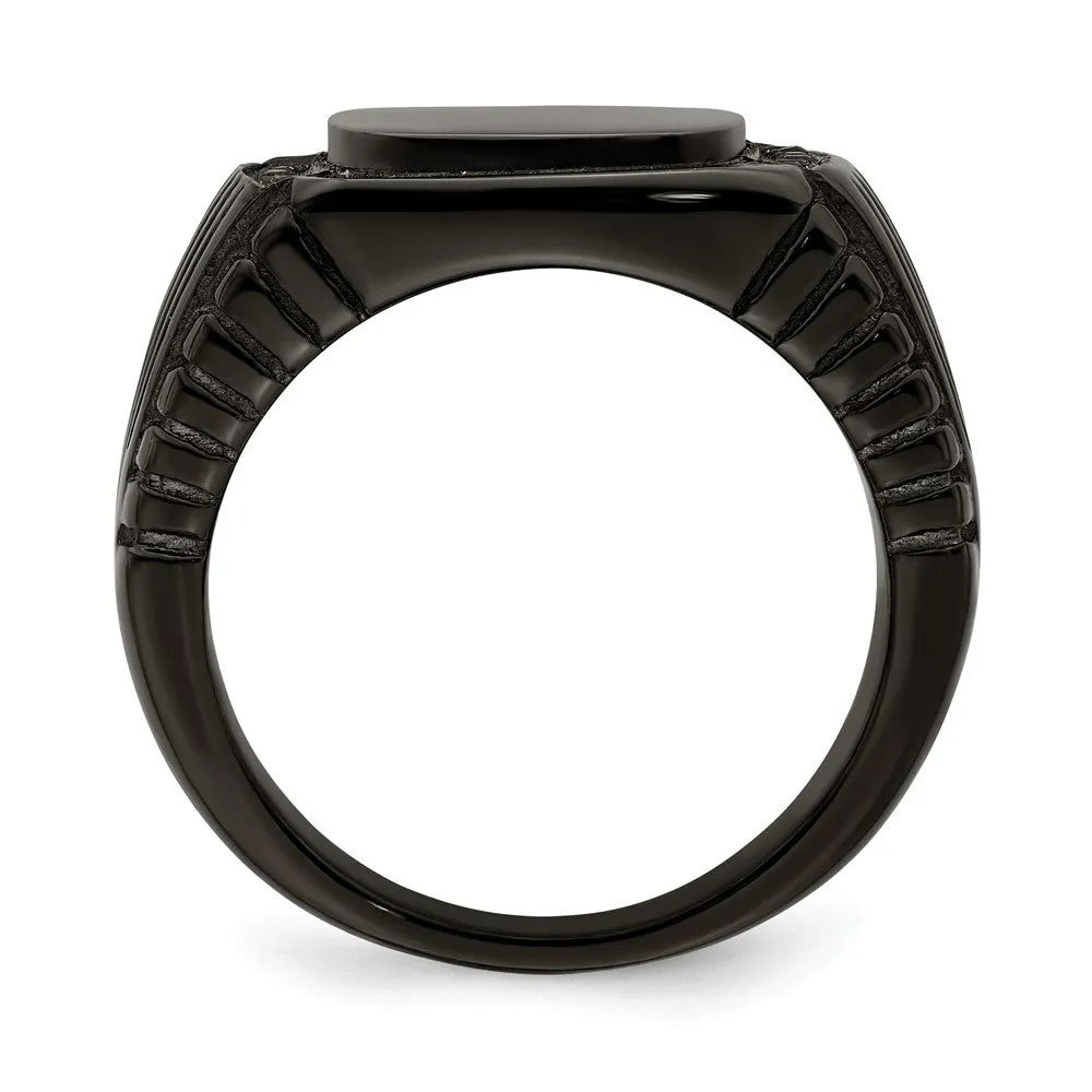 Men's 12mm Black Plated Stainless Steel & Black CZ Signet Tapered Ring