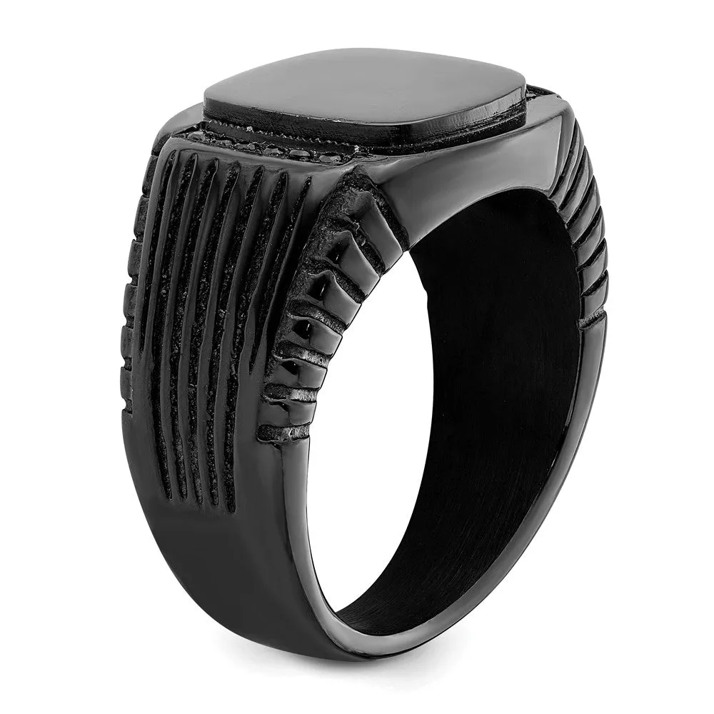 Men's 12mm Black Plated Stainless Steel & Black CZ Signet Tapered Ring