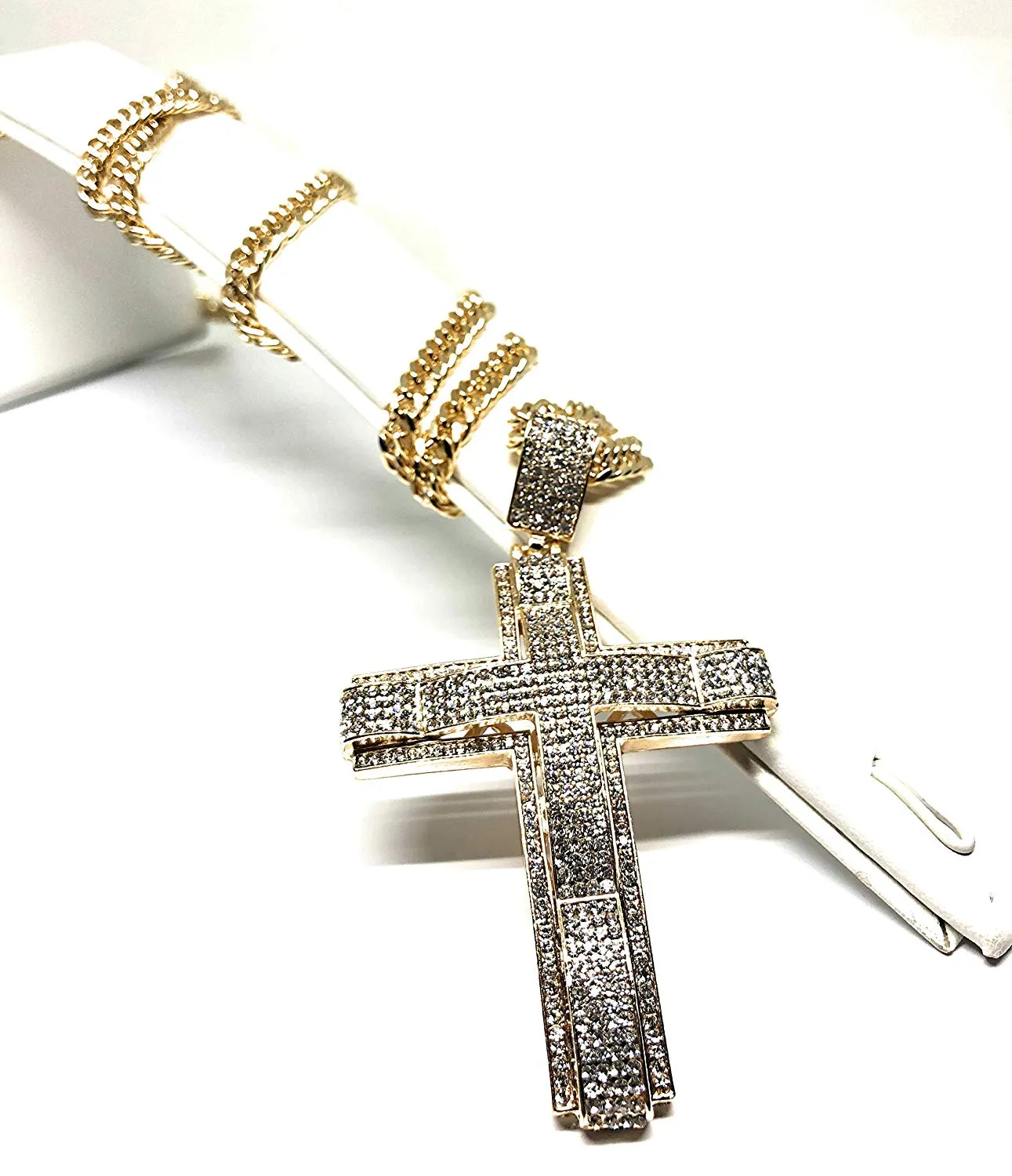 Men's Hip Hop Gold Plated Iced Out Cross CZ Pendant Necklace 30 Cuban Link Chain 6mm