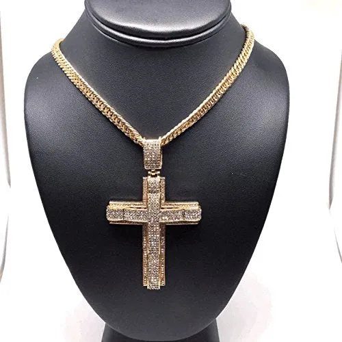 Men's Hip Hop Gold Plated Iced Out Cross CZ Pendant Necklace 30 Cuban Link Chain 6mm