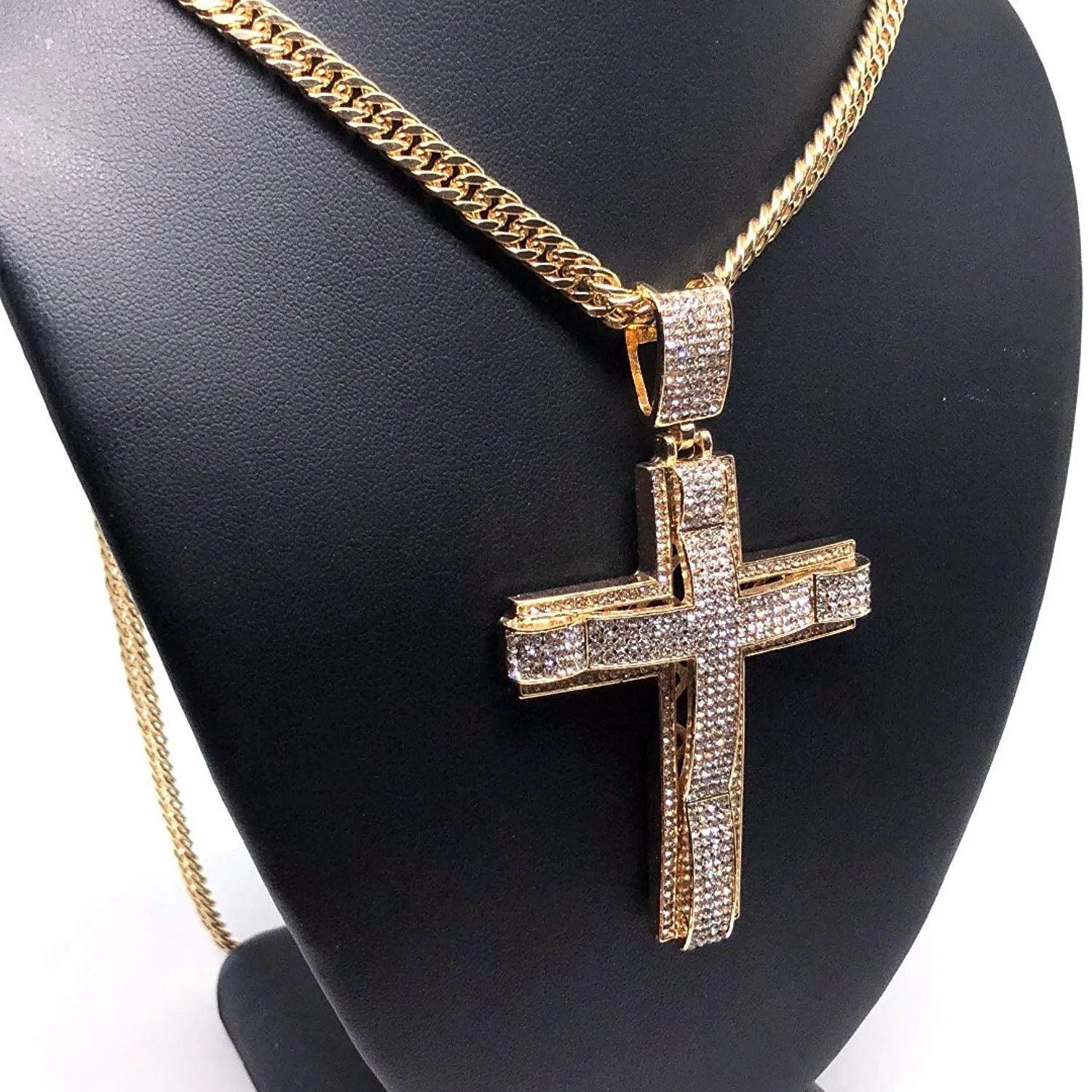 Men's Hip Hop Gold Plated Iced Out Cross CZ Pendant Necklace 30 Cuban Link Chain 6mm