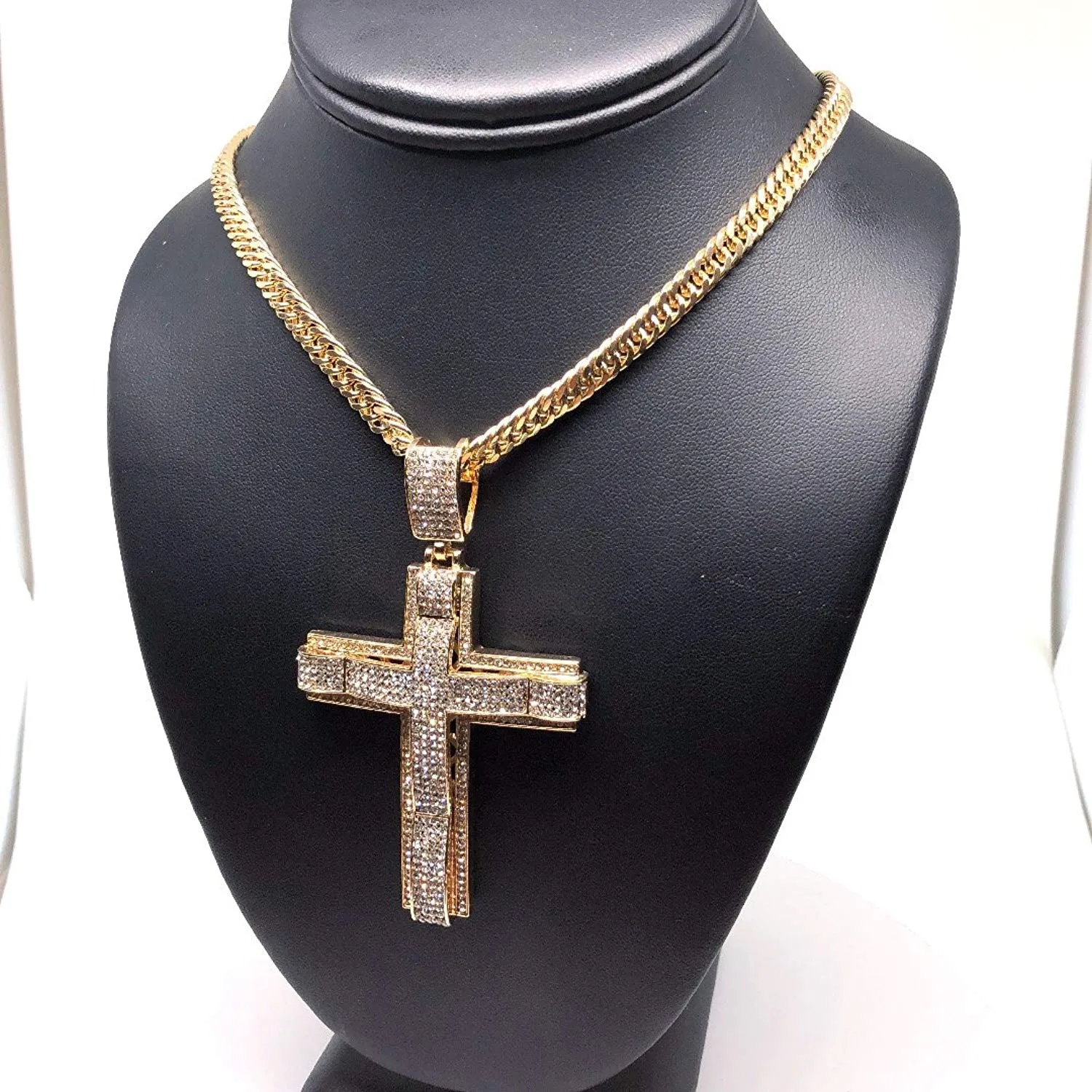 Men's Hip Hop Gold Plated Iced Out Cross CZ Pendant Necklace 30 Cuban Link Chain 6mm