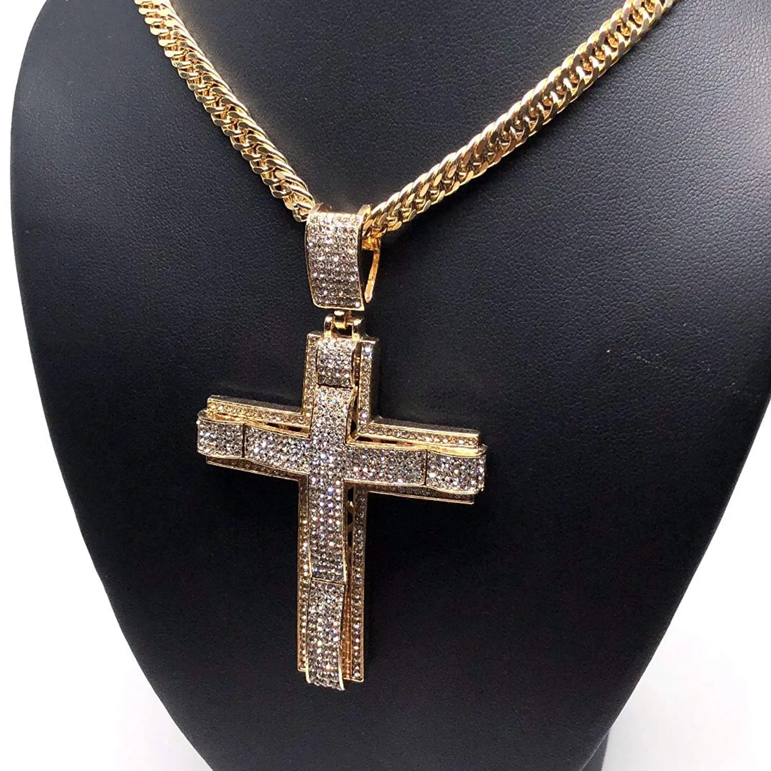 Men's Hip Hop Gold Plated Iced Out Cross CZ Pendant Necklace 30 Cuban Link Chain 6mm