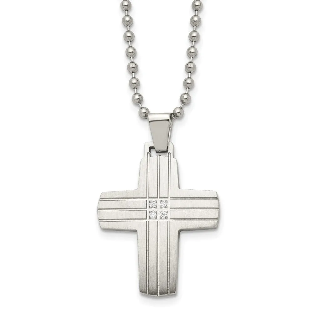 Men's Stainless Steel & CZ Grooved Cross Necklace, 22 Inch