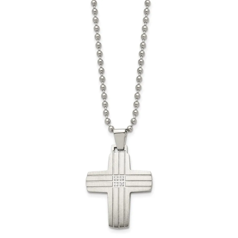 Men's Stainless Steel & CZ Grooved Cross Necklace, 22 Inch