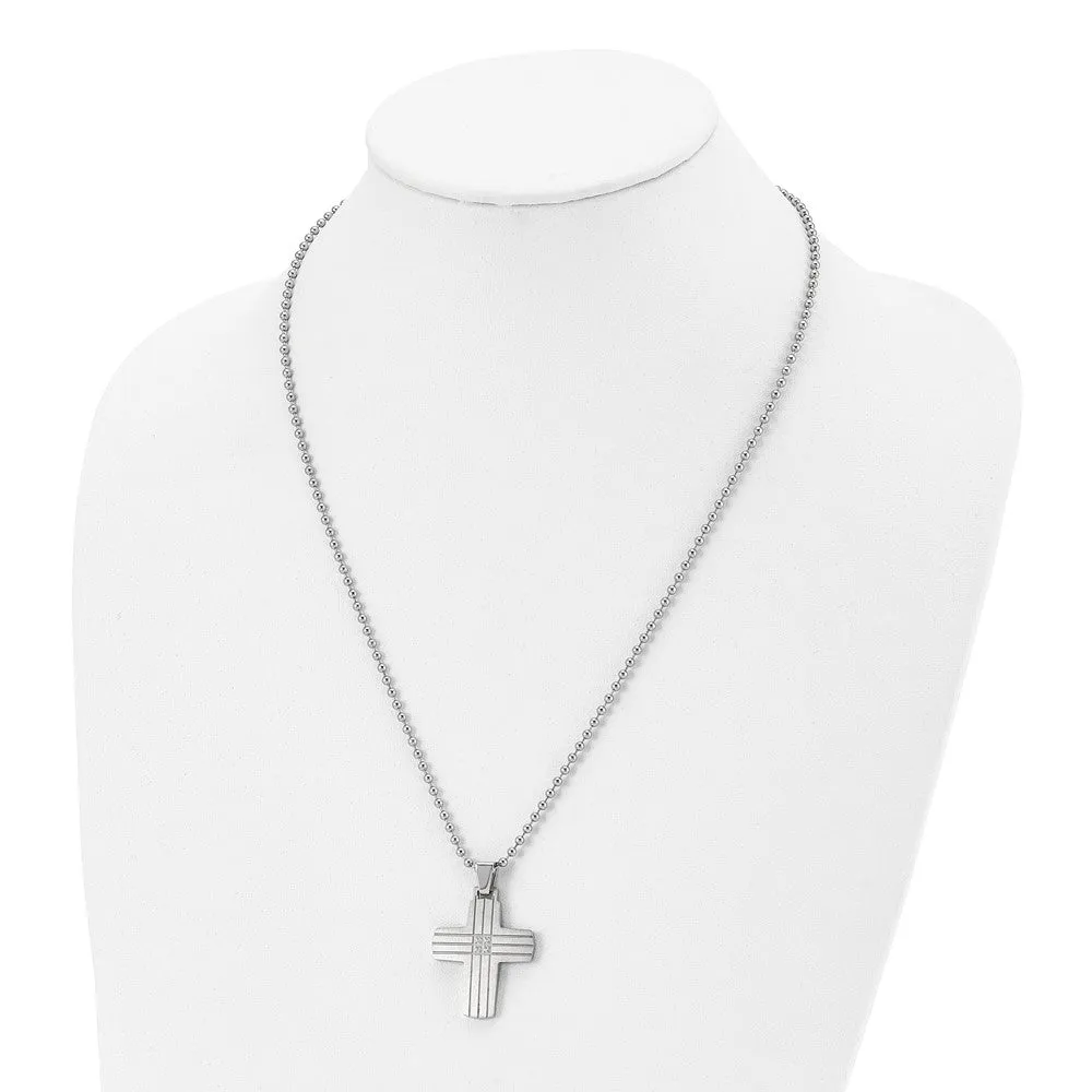 Men's Stainless Steel & CZ Grooved Cross Necklace, 22 Inch