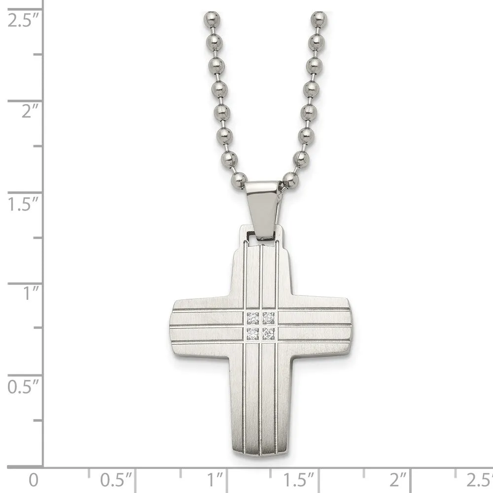 Men's Stainless Steel & CZ Grooved Cross Necklace, 22 Inch