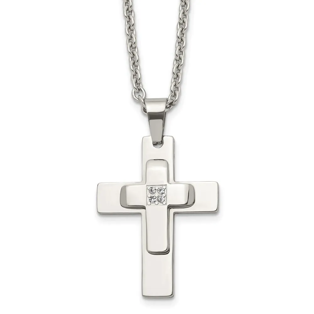 Men's Stainless Steel & CZ Polished Cross Necklace, 22 Inch