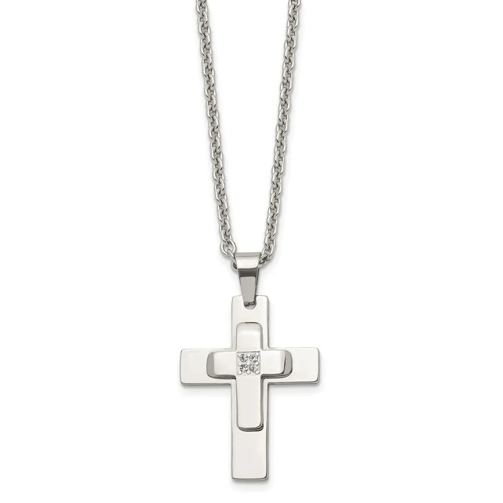 Men's Stainless Steel & CZ Polished Cross Necklace, 22 Inch