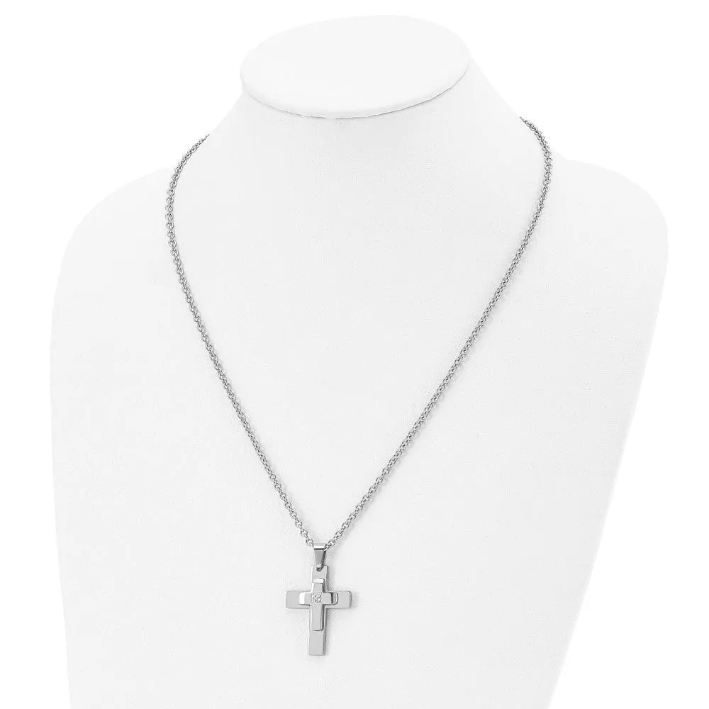 Men's Stainless Steel & CZ Polished Cross Necklace, 22 Inch