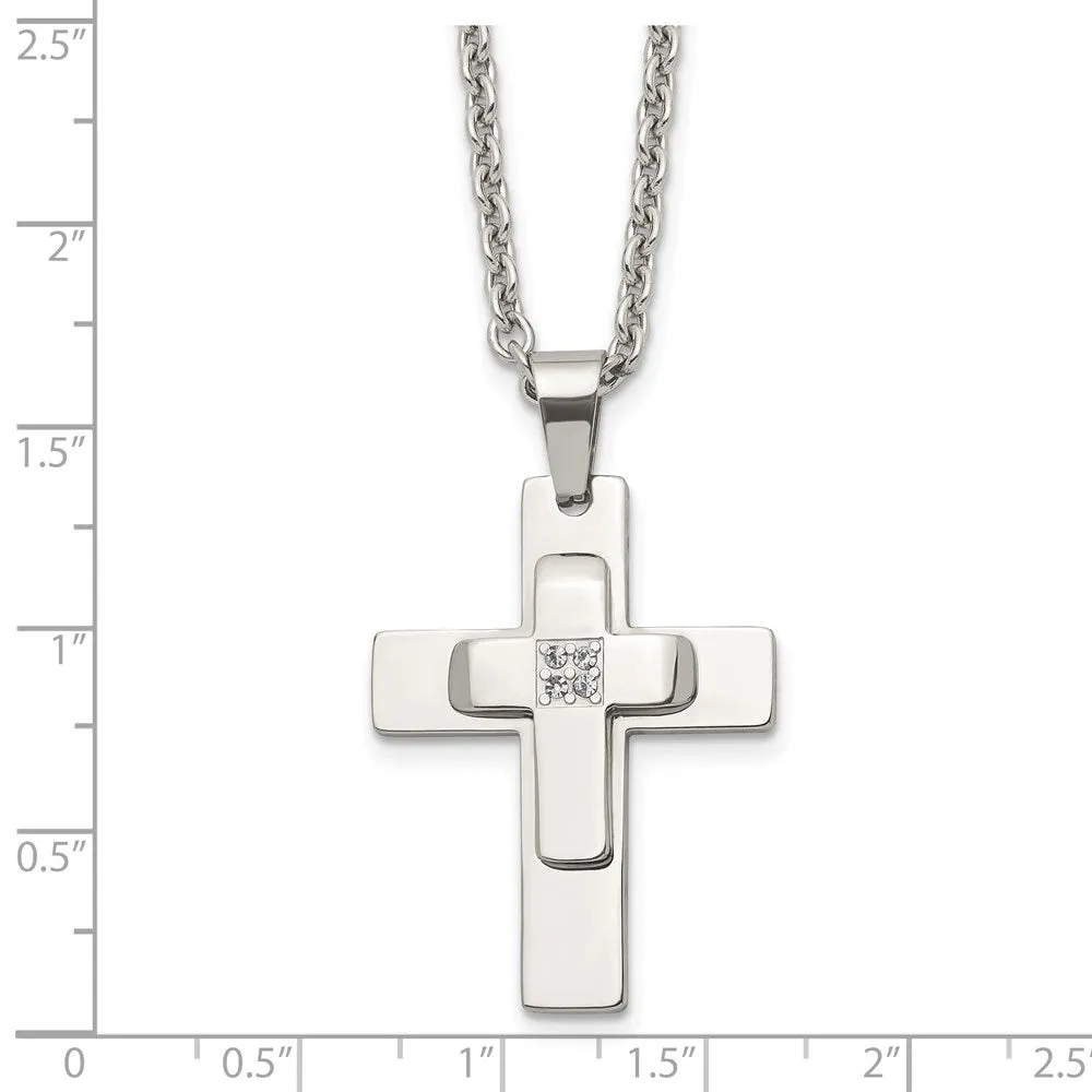 Men's Stainless Steel & CZ Polished Cross Necklace, 22 Inch