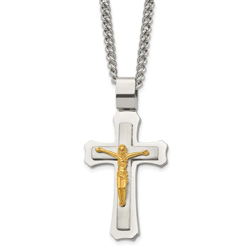 Men's Stainless Steel & Gold Tone Large Crucifix Necklace, 24 Inch