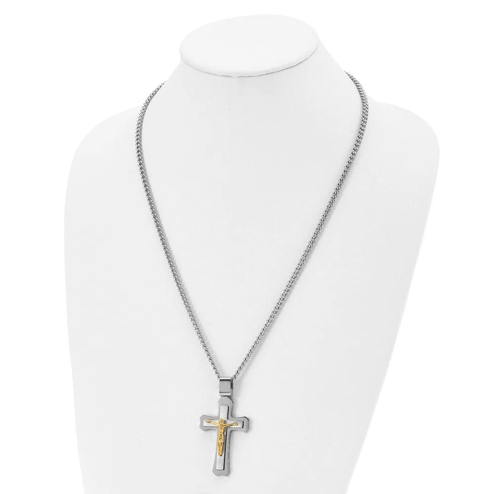 Men's Stainless Steel & Gold Tone Large Crucifix Necklace, 24 Inch