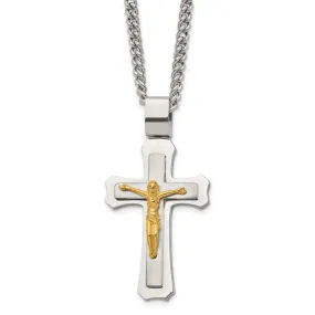 Men's Stainless Steel & Gold Tone Large Crucifix Necklace, 24 Inch