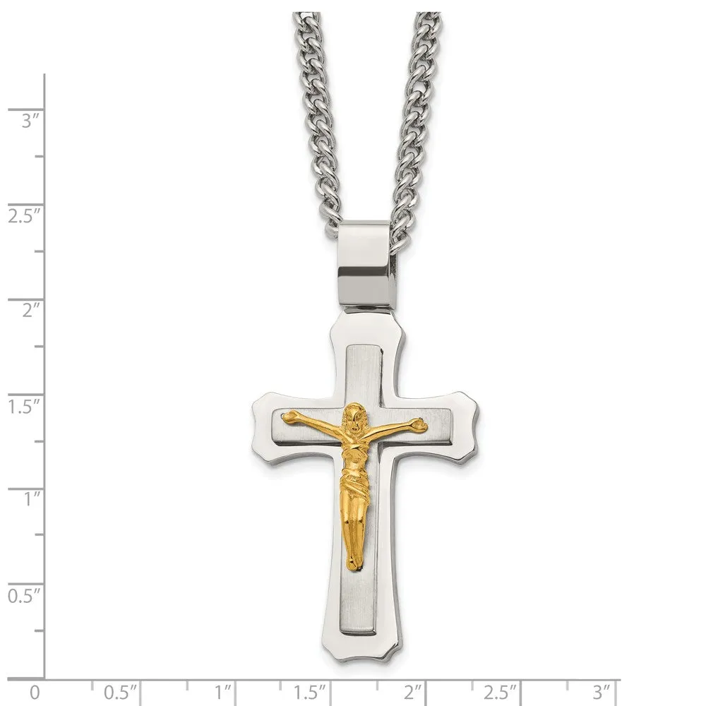 Men's Stainless Steel & Gold Tone Large Crucifix Necklace, 24 Inch