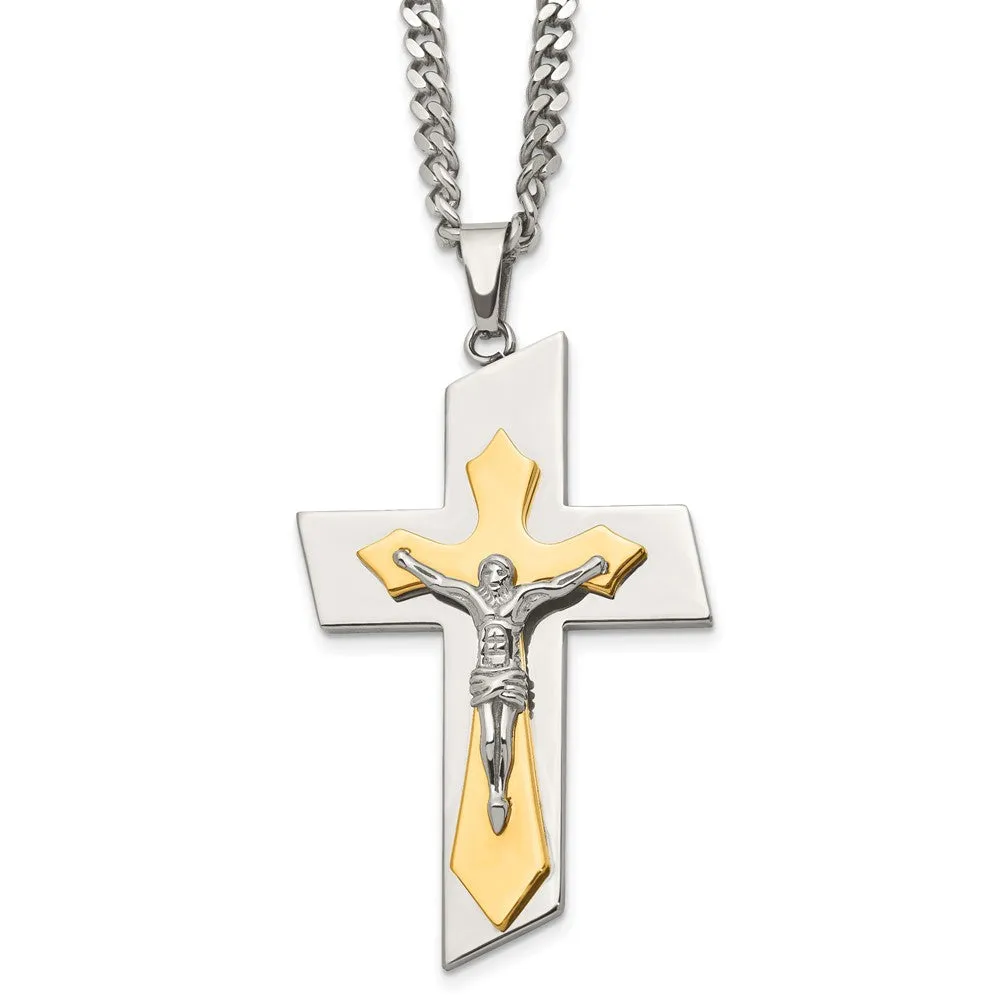 Men's Stainless Steel & Gold Tone Plated XL Crucifix Necklace, 24 Inch