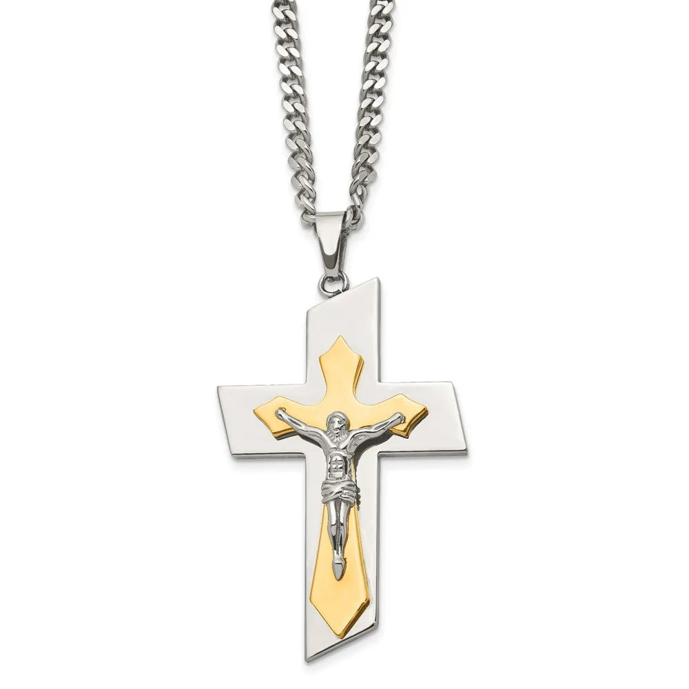 Men's Stainless Steel & Gold Tone Plated XL Crucifix Necklace, 24 Inch