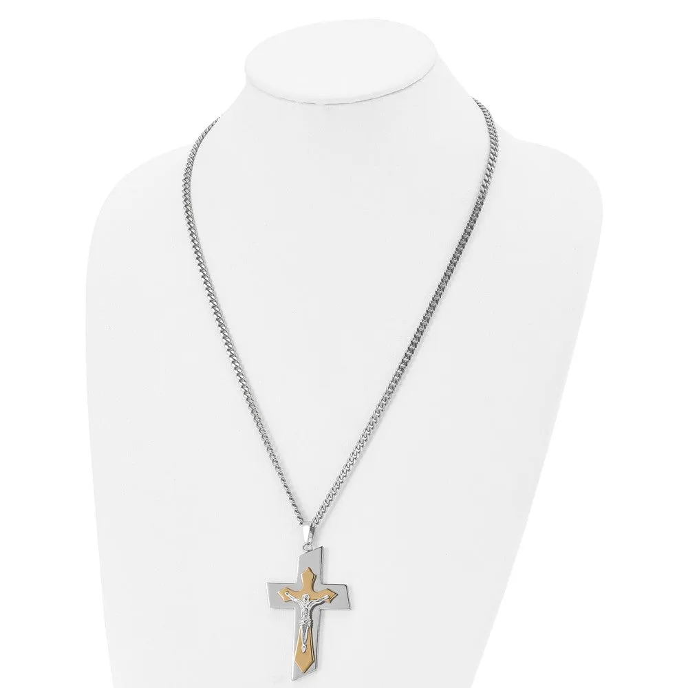 Men's Stainless Steel & Gold Tone Plated XL Crucifix Necklace, 24 Inch