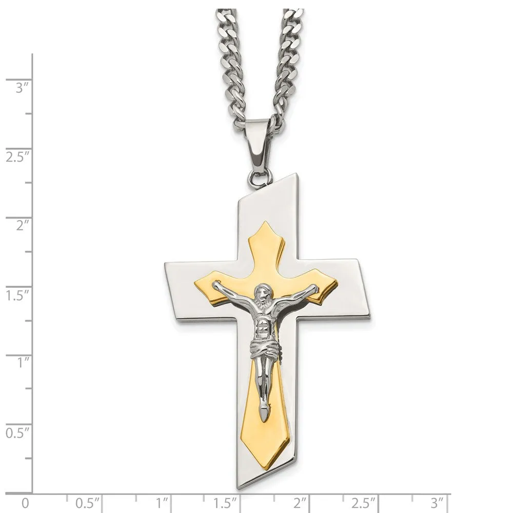 Men's Stainless Steel & Gold Tone Plated XL Crucifix Necklace, 24 Inch