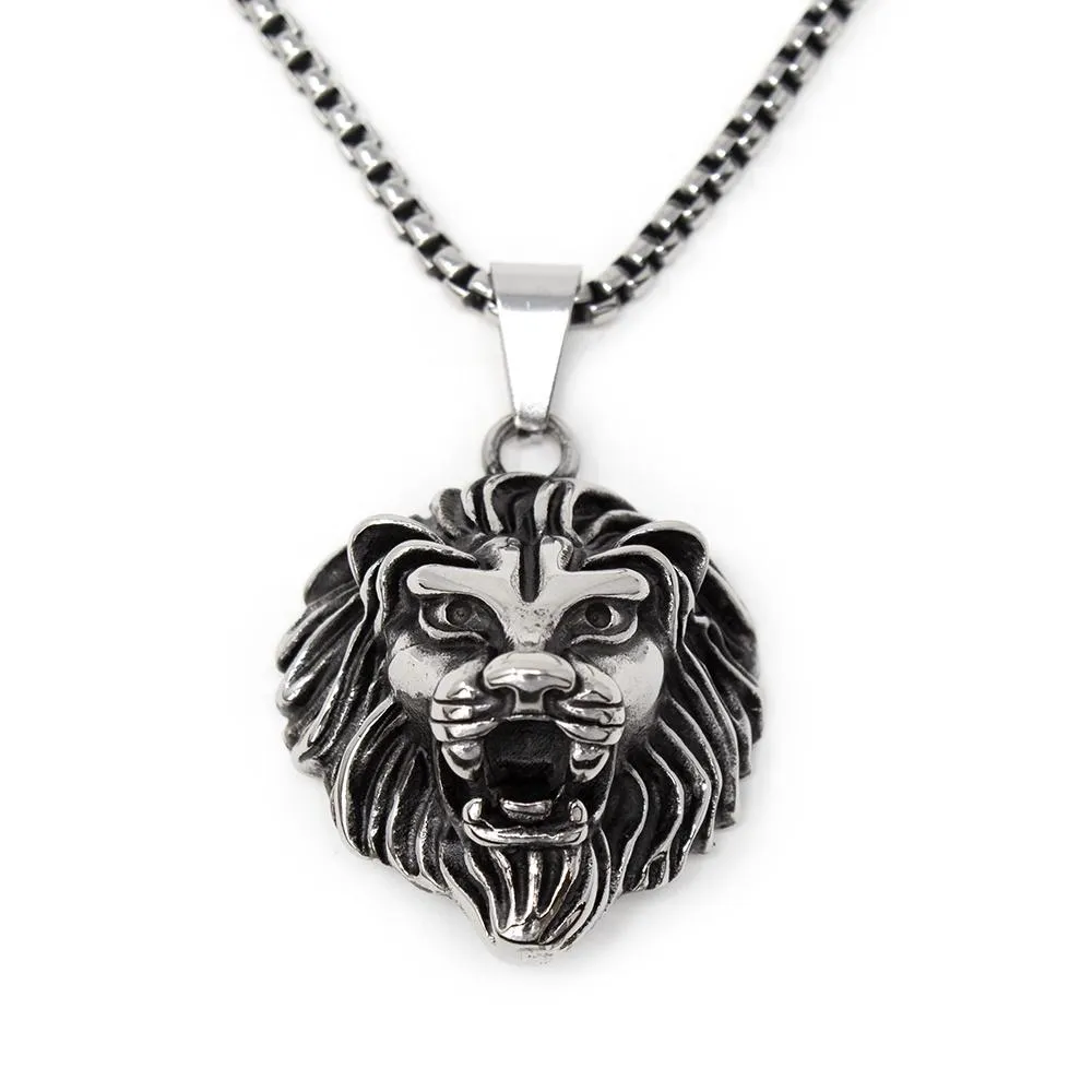 Men's Stainless Steel Lion Head Pendant in Chain