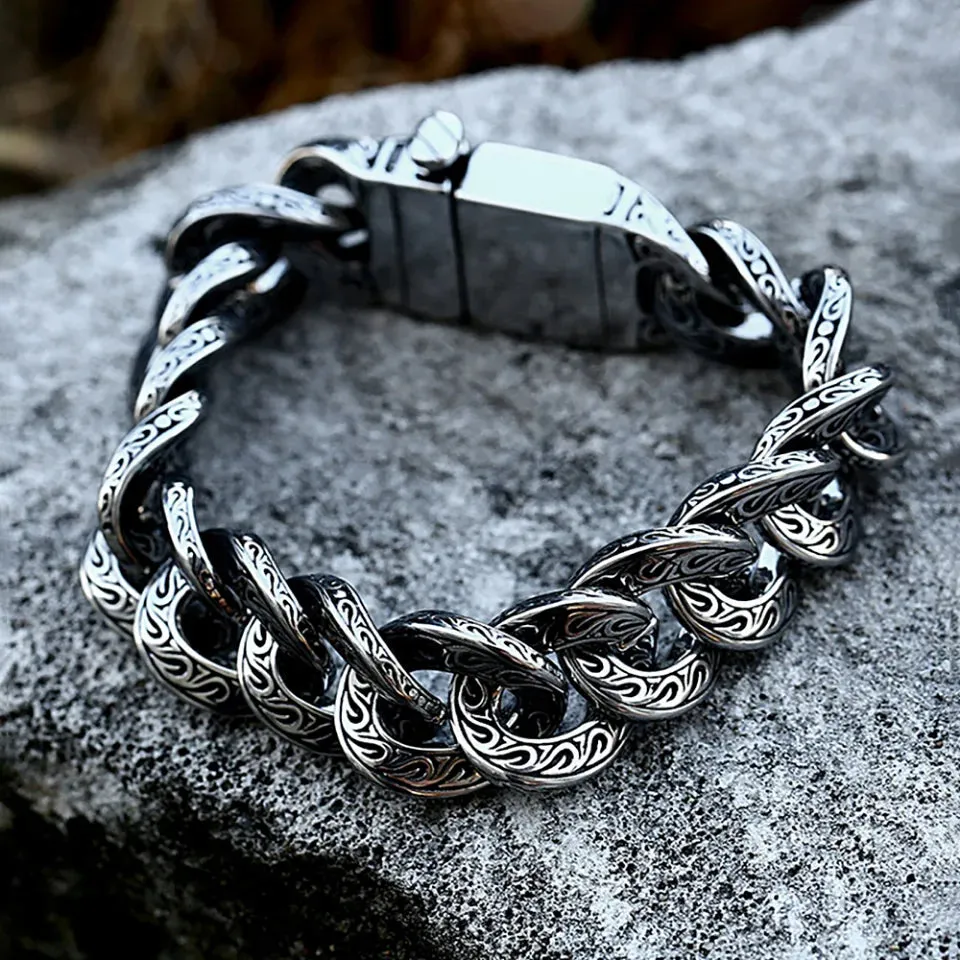 Men's Vintage Punk Stainless Steel Carved Pattern Personality Creative Bracelet