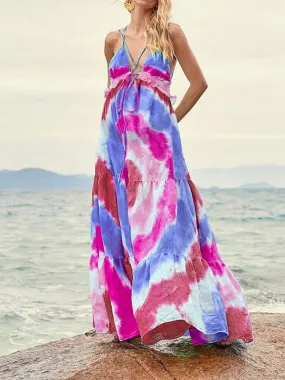 Momnfancy Off Shoulder Backless Ruffle Tie Dye Beach Vacation Gowns Photoshoot Maternity Baby Shower Maxi Dress