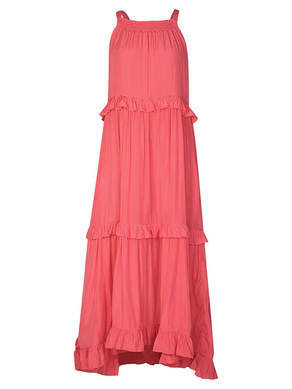 Momnfancy Pink Ruffle Girl Baby Shower Sleeveless Flowy Maternity Maxi Tiered Dress