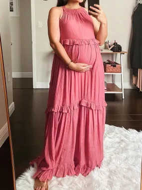 Momnfancy Pink Ruffle Girl Baby Shower Sleeveless Flowy Maternity Maxi Tiered Dress