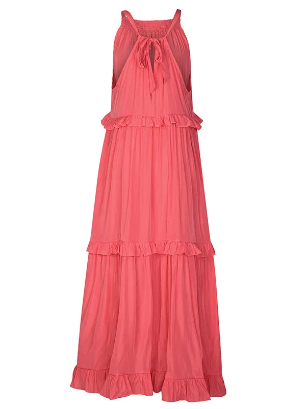 Momnfancy Pink Ruffle Girl Baby Shower Sleeveless Flowy Maternity Maxi Tiered Dress